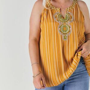 DAVI & DANI Mustard Striped Embroidered Blouse